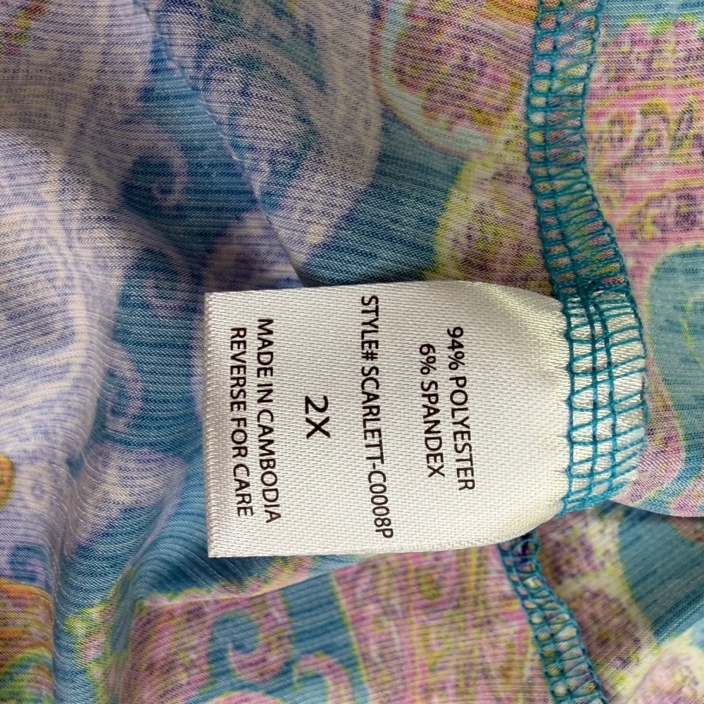 Dear Scarlett Teal Pink Paisley Roll Tab Sleeve Shift Dress 2X Non Wrinkle - Picture 6 of 10